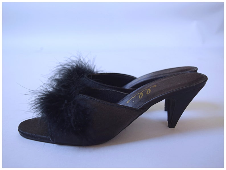 Vintage 1990s Ellie black marabou feather peep toe kitten heel Shoes 1990s 90s 2000s shoes image 1