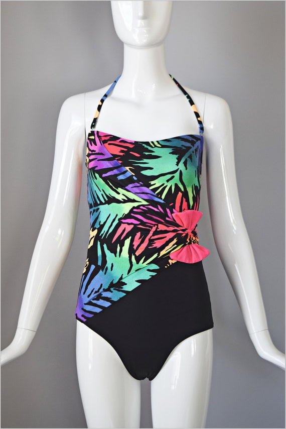 vtg 90s Catalina black and neon palm leaf print f… - image 6