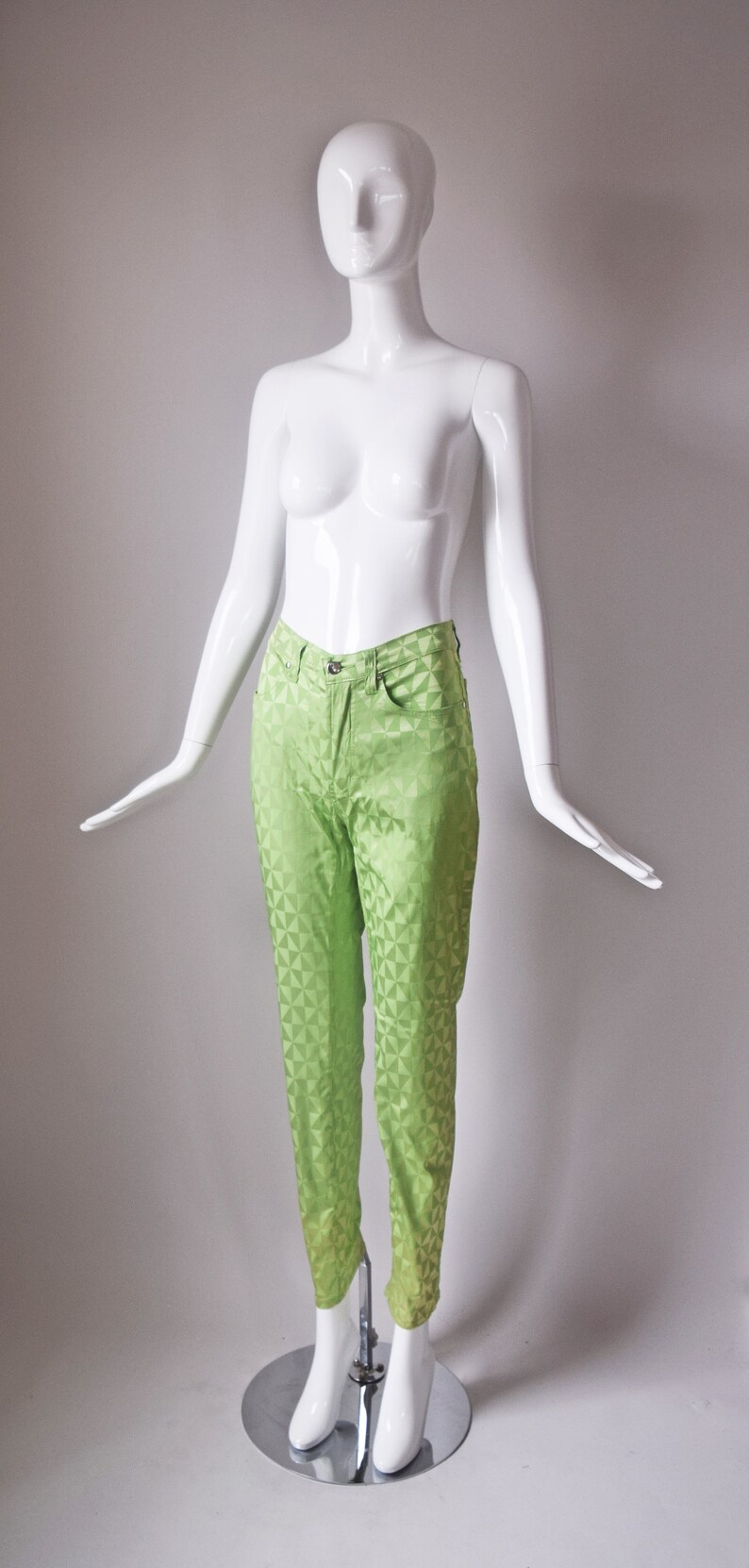 vtg 90s Exte Jeans lime green kaleidoscope pattern slim cut low waist pants y2k 1990s size 28 slim cut womens straight trouser slacks image 6