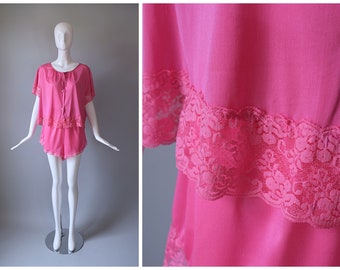 Vintage 1980s Ellen B Pink Nylon Lace Trim Babydoll Button Down Top + Short Set Sleepwear | Nightwear