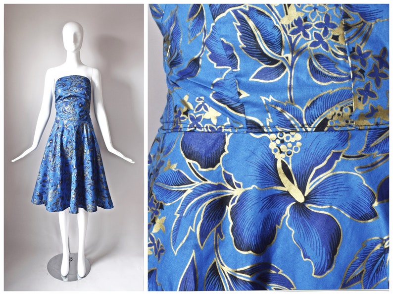 robe ajustée et évasée faite à la main à imprimé fleuri d'hibiscus hawaïen bleu or cercle de pin-up d'été avec nœud à nouer dans le dos luau rockabilly image 1