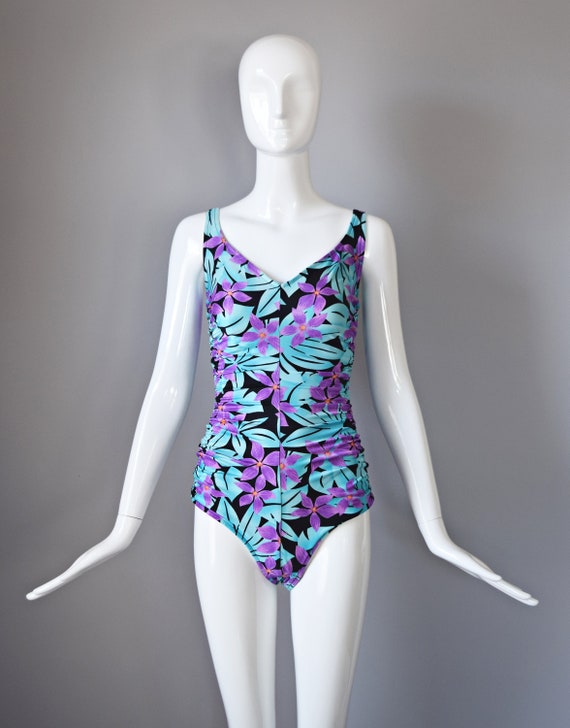 Vtg 90s Maxine of Hollywood Purple and Blue Hibiscus Tropical Floral Print  Full Stretch One Piece Swimsuit Swimwear Colorful 1980s Bathing 