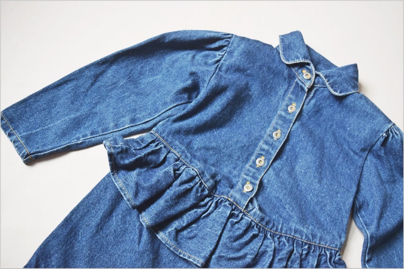 vtg 80s Toddler Girls Popsicle brand dark blue denim peplum button down dress w/ shoulder pads old school 1980s childrens jeans image 3