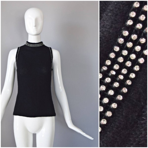 vtg 90s Samantha Starr black angora knit high neck sleeveless shirt w/ rhinestone trim 90s 2000s  size M Medium glitter old school mockneck