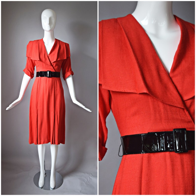 vtg 90s Dawn Joy Fashions red 3/4 sleeve wrap style flapper dress retro colorblock colorful 1990s pinup dress image 1