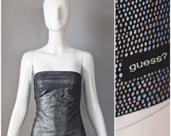vtg 90s Guess Jeans rainbow metallic speckle spotted strapless tube top | crop retro stretch bodice sleeveless shirt black 2000s M Medium