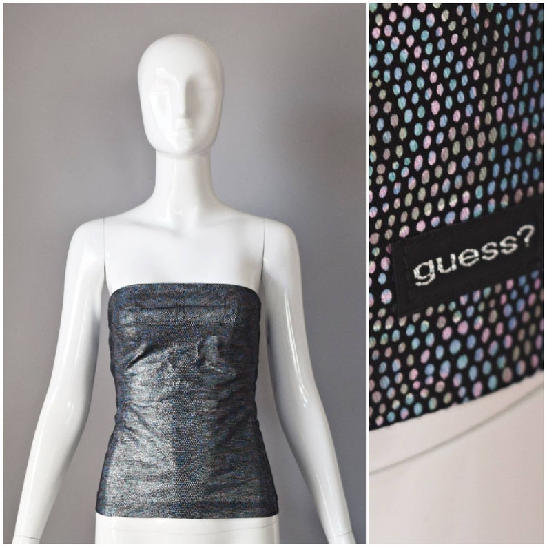 vtg 90s Guess Jeans rainbow metallic speckle spotted strapless tube top crop retro stretch bodice sleeveless shirt black 2000s M Medium image 1