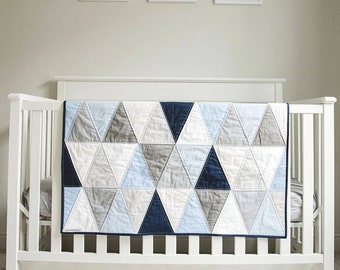 Triangle Baby Quilt. Modern Baby Blanket. Heirloom Quilt for Baby, Toddler. "The Mason". Blue and Grey Hues. Triangle Quilt for Baby Boy