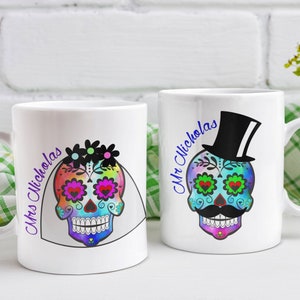 Day of the Dead Wedding Mugs - Personalised Mr Mrs Skull Set - Colourful Skull Decor - Unique Anniversary Gift - 10oz 15oz Option