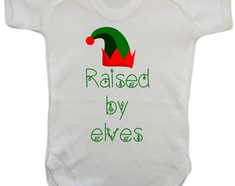 Raised by elves christmas xmas present gift elf santa Baby Vest Grow red