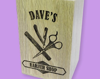 Barber Shop Rustic Accessories Storage Pot | Personalised Wooden Pen Pot | Barbers Accessories | Thank you gift hairdresser