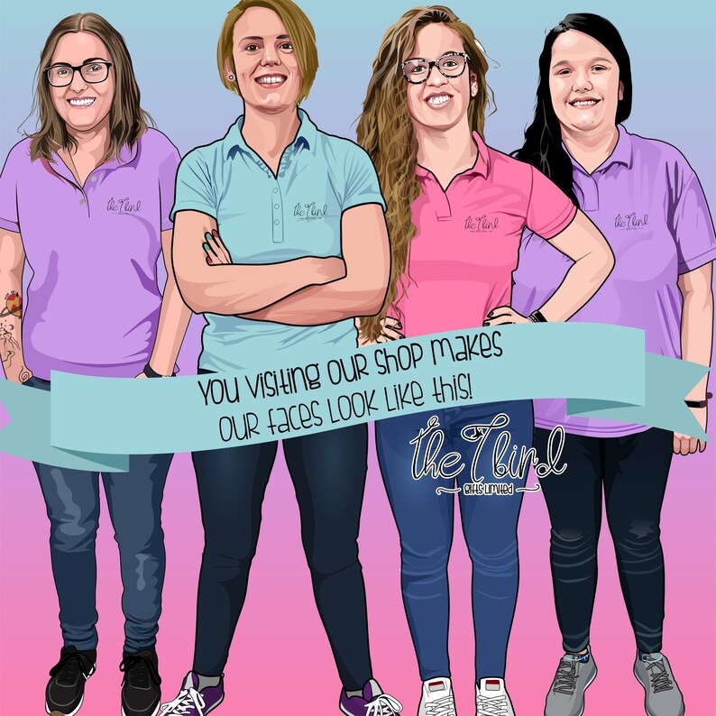 May include: Illustration of four people wearing polo shirts and jeans. The shirts are various colors, including purple, blue, and pink. A banner across the image reads, "You visiting our shop makes our faces look like this!" The logo "The Third" is also visible.
