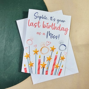 "Personalisierte ""Letzter Geburtstag als Fräulein"" Karte - Geburtstagskarte - Verlobungsgeschenk - Braut-Andenken vor der Hochzeit."