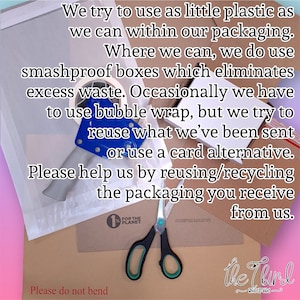 May include: An overhead shot shows packaging materials, including cardboard boxes, tape, scissors, and bubble wrap. Text on the image encourages recycling and minimizing plastic use. The image promotes eco-friendly packaging practices.
