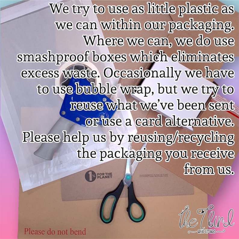 May include: An overhead shot shows packaging materials, including cardboard boxes, tape, scissors, and bubble wrap. Text on the image encourages recycling and minimizing plastic use. The image promotes eco-friendly packaging practices.