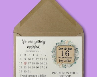 50 x Personalised Save The Date/Evening Calendar Cards+Envelopes Magnetic.FLSD1 