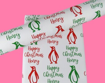 Christmas Penguin Gift Wrap Red & Green Penguin Wrapping Paper Christmas Wrap Personalised Paper