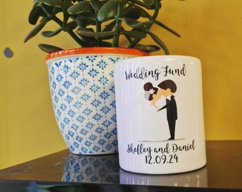 Wedding fund Money Box Personalised name Wedding Present Money jar Honey moon Just married Couple