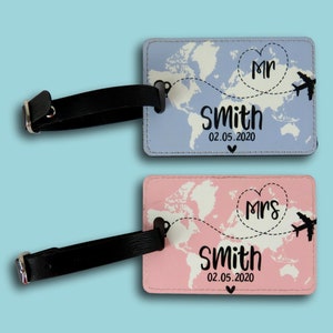 Personalised map mr & mrs PU luggage tags wedding present holiday suitcase Wedding Present Honeymoon gift Travelling gift Anniversary