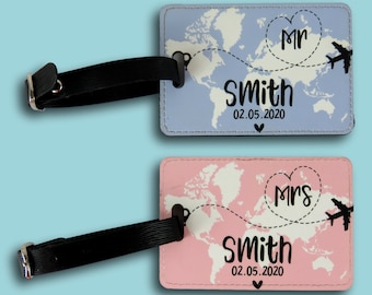 Personalised map mr & mrs PU luggage tags wedding present holiday suitcase Wedding Present Honeymoon gift Travelling gift Anniversary