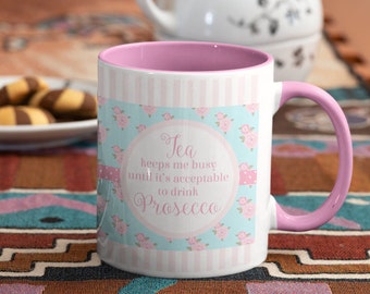 Customisable Alcoholic Beverage Mug - "Tea to Prosecco" Floral Pink Motif - Choose Your Size & Optional Coaster Unique Dishwasher Safe Gift