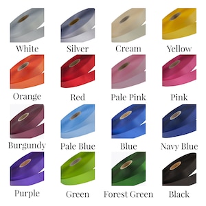 May include: A grid of spools of ribbon in various colors, including white, silver, cream, yellow, orange, red, pale pink, pink, burgundy, pale blue, blue, navy blue, purple, green, forest green, and black. Each spool has a corresponding color label.
