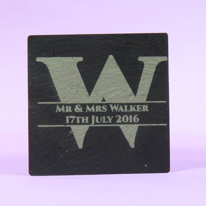 Mr /& Mrs Monogram Surname Set of 4 Boxed Slate Coasters ~ Personalised ~ Premium Quality Smooth Edge ~ Ideal New Home or Wedding Gift