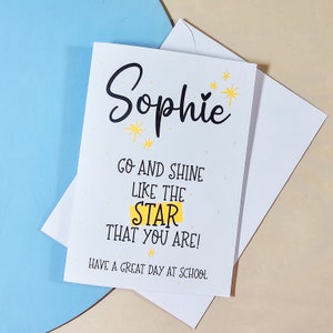 Tarjeta escolar personalizada Shine Like a Star - Diseño de nombre personalizado - Saludo de regreso a la escuela - Tarjeta inspiradora para niños - Tarjeta de hito