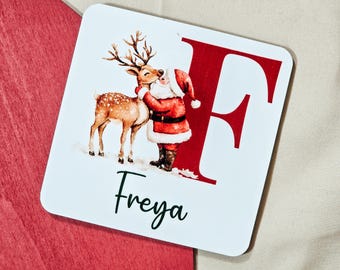 Sottobicchiere di Natale personalizzato / Sottobicchiere per bevande festive / Regalo di Babbo Natale segreto / Idea per riempire la calza / Sottobicchiere di Babbo Natale e renne della scatola della vigilia di Natale