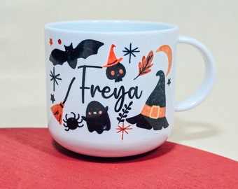 Personlig Halloween Minimugg - Personlig Halloweenmugg för barn – Okrossbar 170 ml kopp med namn - Fladdermöss, häxor och pumpor design