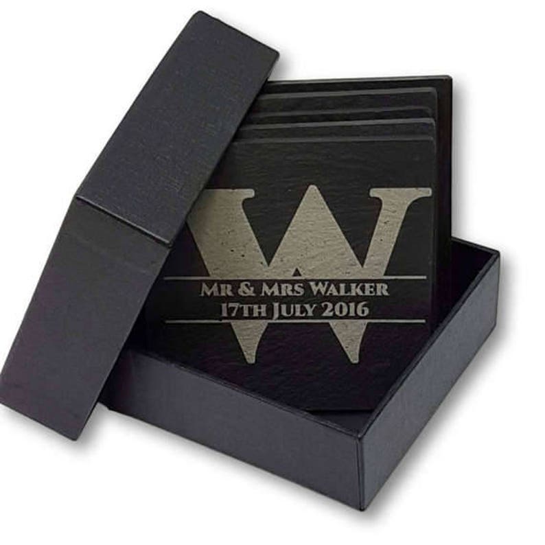 Mr /& Mrs Monogram Surname Set of 4 Boxed Slate Coasters ~ Personalised ~ Premium Quality Smooth Edge ~ Ideal New Home or Wedding Gift