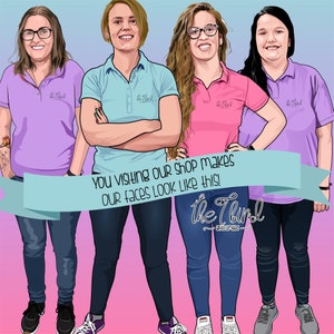 May include: Illustration of four people wearing polo shirts and jeans. The shirts are various colors, including purple, blue, and pink. A banner across the image reads, "You visiting our shop makes our faces look like this!" The logo "The Third" is also visible.