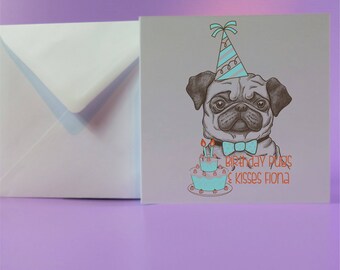 Birthday Pugs and Kisses bday Pug card Pug Lover Pug Gift Dog Lover Elf Pug Birthday