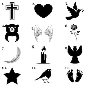 May include: A collection of black and white graphic illustrations featuring a cross, heart, dove, teddy bear, angel wings, rose, feather, candle, angel, star, bird, and footprints. These designs are suitable for various memorial or spiritual applications.