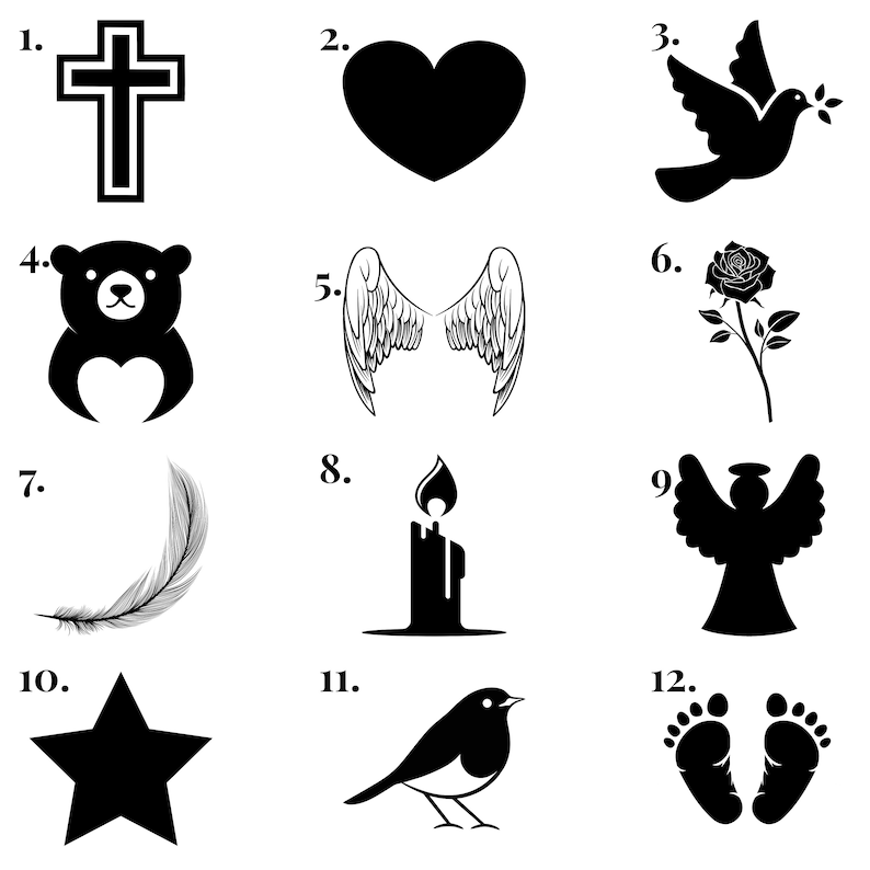 May include: A collection of black and white graphic illustrations featuring a cross, heart, dove, teddy bear, angel wings, rose, feather, candle, angel, star, bird, and footprints. These designs are suitable for various memorial or spiritual applications.