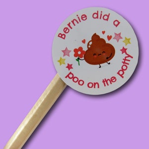 Può includere: Un adesivo rotondo bianco per l'addestramento al vasino con la scritta "Bernie did a poo on the potty" in rosa. Il design presenta un personaggio di cacca marrone sorridente che tiene un fiore, circondato da stelle e cuori rosa e gialli, attaccato a un bastoncino di legno.