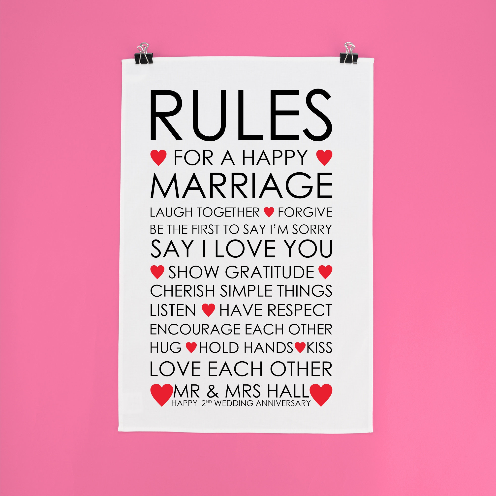 Rules happy marriage tea towel 2nd anniversary gift cotton present we…