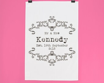 Mr & Mrs. Asciugamano da cucina personalizzato con data di matrimonio stabilita, stile vintage, regalo di anniversario, regalo da cucina
