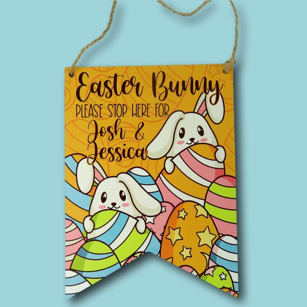 Easter Bunny Sign | wooden easter bunny stop here pennant | Personalised Easter Gift | Easter Keepsake | egg hunt sign | stop here sign