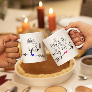 Personalised Engagement Mug Set - He liked it, She Said Yes! - Future Mrs - Lucky Mr - Engagement Announcement - Couples Gift