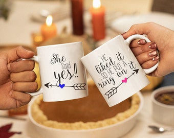 Personalised Engagement Mug Set - He liked it, She Said Yes! - Future Mrs - Lucky Mr - Engagement Announcement - Couples Gift