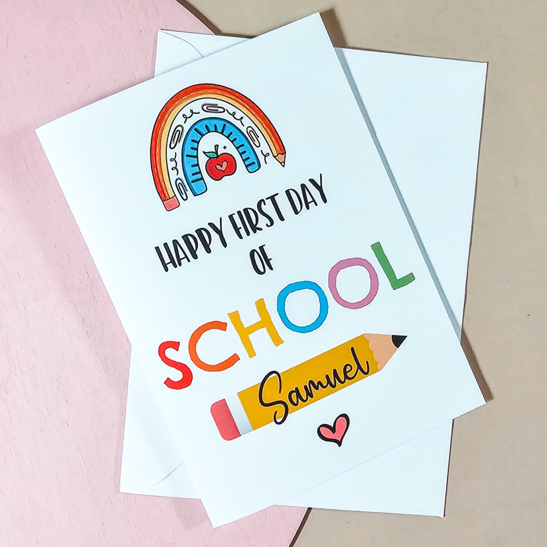 Personalised First Day of School Card - Custom Name Rainbow Design ...