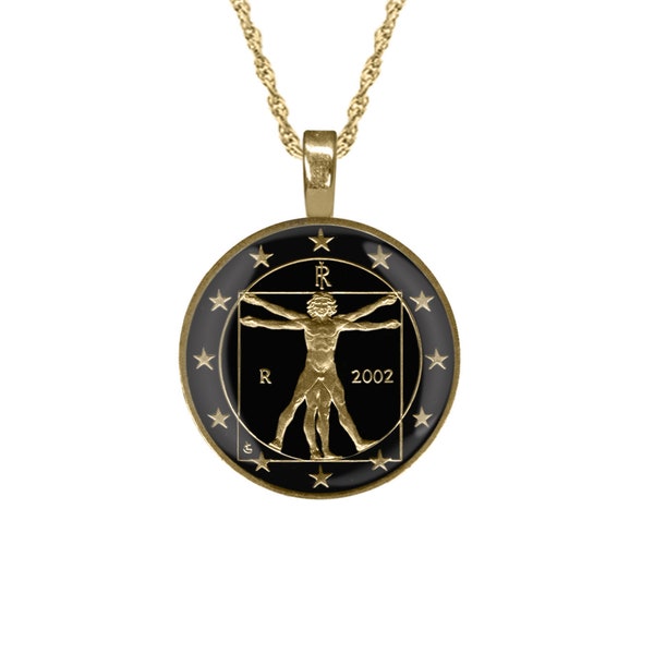 Leonardo Da Vinci Pendant, Hand Enamelled Coin. Vitruvian Man Necklace, Italian Jewellery.