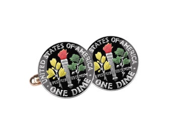 US Dime Cuff Links Enamelled with Torch & Flower Motif in Silver or Gold