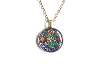 British Lucky Sixpence Pendant, UK Necklace, Hand Enamelled, English Jewellery,