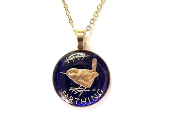 Gold Plated British Wren Farthing Jewelry, English Coin Pendant: Enamel Bird Amulet