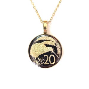 Kiwi Pendant, Enameled Charm, New Zealand Gold Jewelry, New Zealand Black Necklace, Gift for her, Gift for Him.