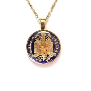 Spanish Peseta Pendant, Spanish Gold Necklace, Gift for Maria, Spanish Jewellery, Blue Pendants, Hand Enamelled Pendant, Gift for Juan.