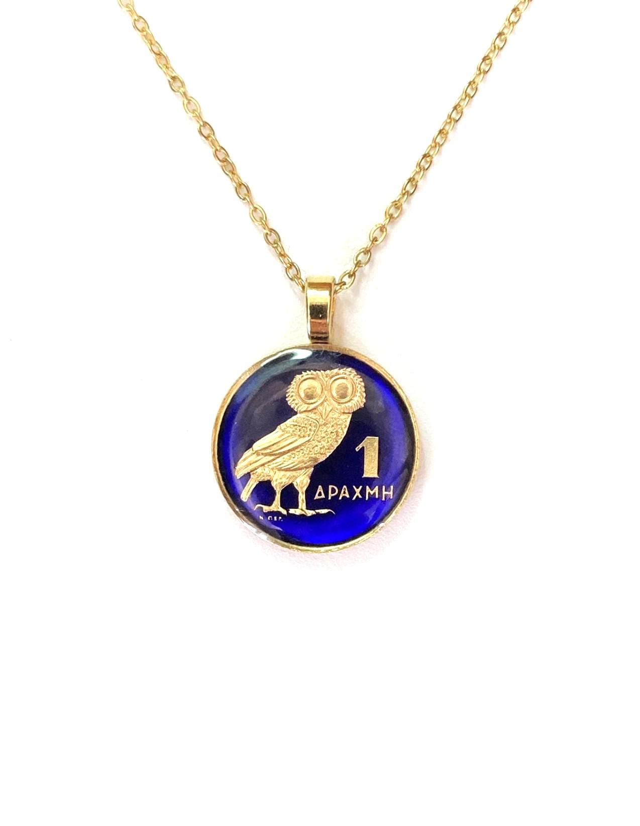 Lucky Owl Pendant, Gold Plated Greek Coin, Gift for Her, Owl Necklace, Greek Jewelry  Greek Owl Jewe