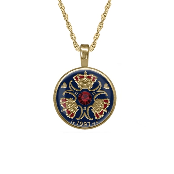 Danish Gold Plated Pendant Enamelled 1 Krona Coin with a Swarovski Xilion Chaton Mounted in the Centre, Danish Necklace